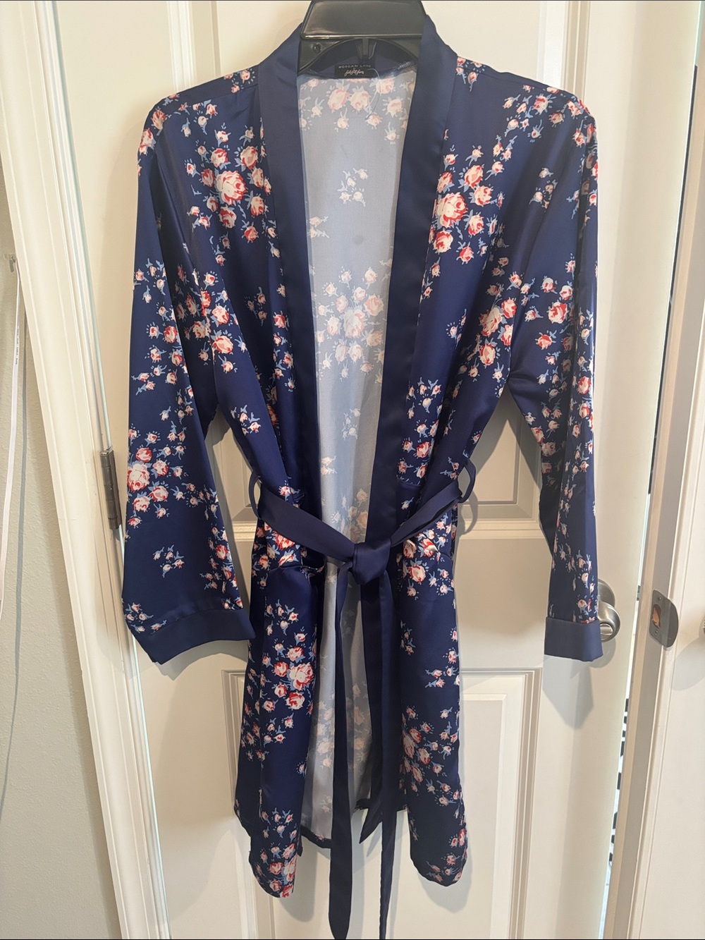 Morgan Lane Navy Floral Satin Kimono Robe with Belt